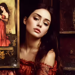 a woman wearing a red dress is holding up a book