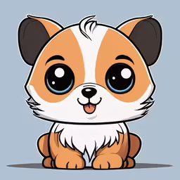 a cartoon cat with big eyes sits on a blue background,a brown and white cartoon animal sitting on the ground