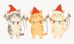 three cats with hats and lights are holding on to a string
