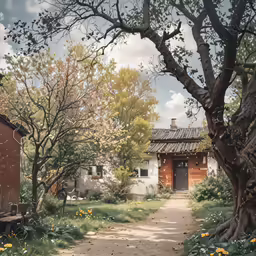 a dirt path with a barn and several trees