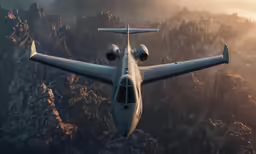 an airplane is flying over a rocky terrain
