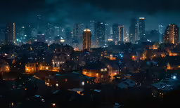 a city at night from the distance with buildings lit up in the sky