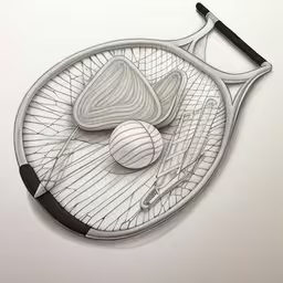 /tmp/FOOyiLLJl.jpg = there is a tennis racquet and balls on a white surface
,/tmp/FOOyiLLJl.jpg = a wire sculpture depicting two tennis racquets and balls
,/tmp/FOOyiLLJl.jpg = drawing of a tennis racket with balls and strings on it
,/tmp/FOOyiLLJl.jpg = an artistic drawing of two tennis balls on a racket
,/tmp/FOOyiLLJl.jpg = there is an image of a tennis racket and ball
,/tmp/FOOyiLLJl.jpg = a pencil drawing of a tennis racquet with balls
,/tmp/FOOyiLLJl.jpg = the drawing shows a tennis racket, two balls and a paddle
