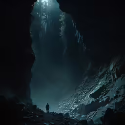the man walks into the dark cave to find something to eat