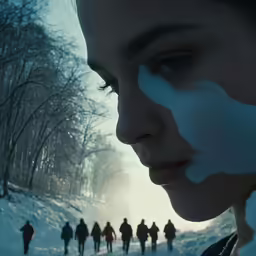 several people are walking in a snowy forest