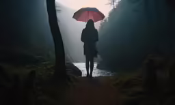 a person with an umbrella standing on a path in the woods