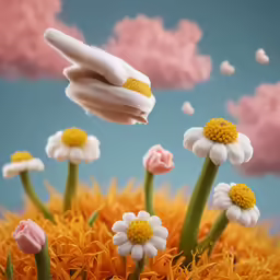 a hand is grabbing the top of a flower arrangement
