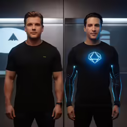 two men wearing neon clothing and a glowing orb