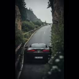 the black sports car is parked next to a large tree on a mountain road
