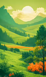 a picture of some hills and a beautiful sky,an oil painting of a lush valley covered in green trees