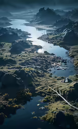 an aerial view of several very pretty lakes and mountains