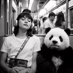 a woman wearing headphones sits on a bus next to a panda bear