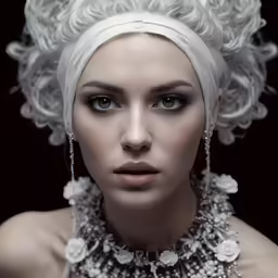 a woman with a white head dress and jewelry