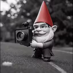 a small camera sitting next to a gnome figurine