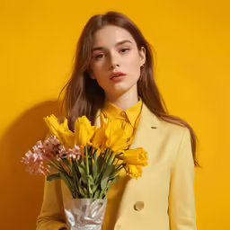 a woman wearing yellow is holding a vase with flowers