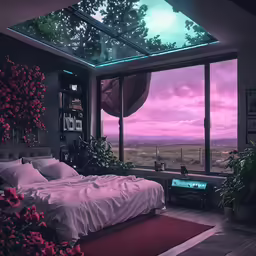 a bedroom with a bed and a bright pink sky