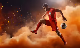 a soccer player kicks the ball through smoke