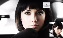 an ad featuring a woman with dark hair, with a background that reads in white