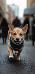 a little brown dog wearing a blue bandanna running down the street