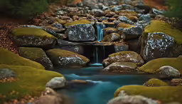 a stream in a green and rocky area next to trees