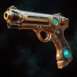 a large brass gun with an automatic - mode, green glowing lights
