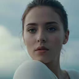 a woman with blue eyes staring at the camera