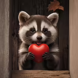 a little raccoon eating on a red heart in its mouth