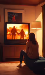 a woman sitting in front of a tv watching the tv,woman sitting on the floor in front of a television watching the movies
