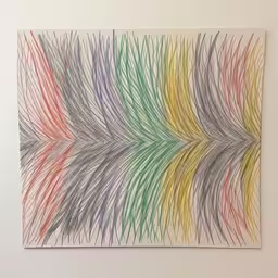 this drawing depicts a large feather in various colors,artwork with colorful feathers hanging from the wall