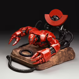 a robot sculpture holding a telephone up against it