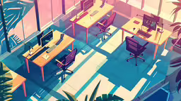 digital painting of an open computer lab,digital drawing of interior of a computer desk and chairs