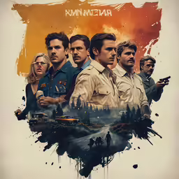a movie poster showing a bunch of men standing in front of an orange background