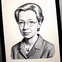 black and white portrait of a woman wearing glasses