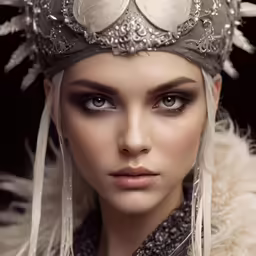 a woman with big eyes wearing feathers on her head