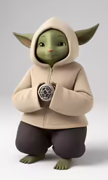 an yoda doll holding the arms folded
