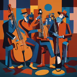 three men wearing hats and blue suits play the instruments,three jazz musicians are sitting on a chair, each of which is holding a contraption