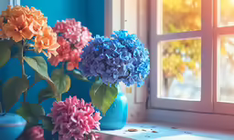 an image of flowers and rocks on the windowsill
