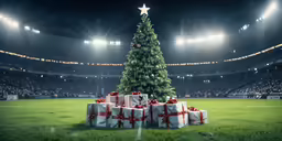a christmas tree surrounded by many presents in an empty stadium