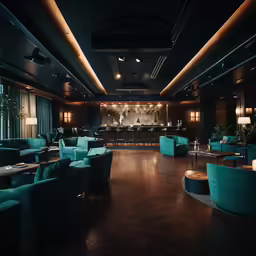 a dimly lit bar with lots of blue chairs