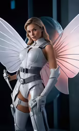 a woman in a white costume with wings on