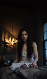 the young woman is sitting on the bed with a comforter