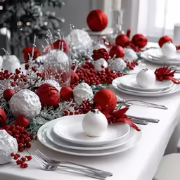 a table set for christmas with silverware and a bunch of ornaments