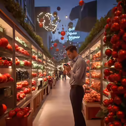 there is a man in the market checking his cell phone