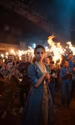 a woman holding fire and holding a hand next to her head