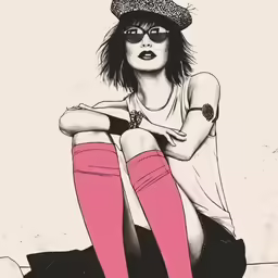 a drawing of a woman with sunglasses, sitting on the floor