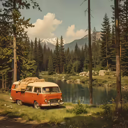 an old vw camper parked near a lake in the mountains