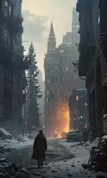 man standing in a city street surrounded by buildings and snow