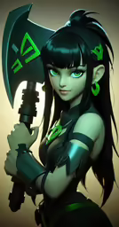 a woman is holding an angry looking hammer
