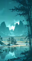a painting with a lake and mountain in the background
