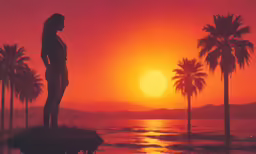 a woman stands in silhouette at sunset by the water